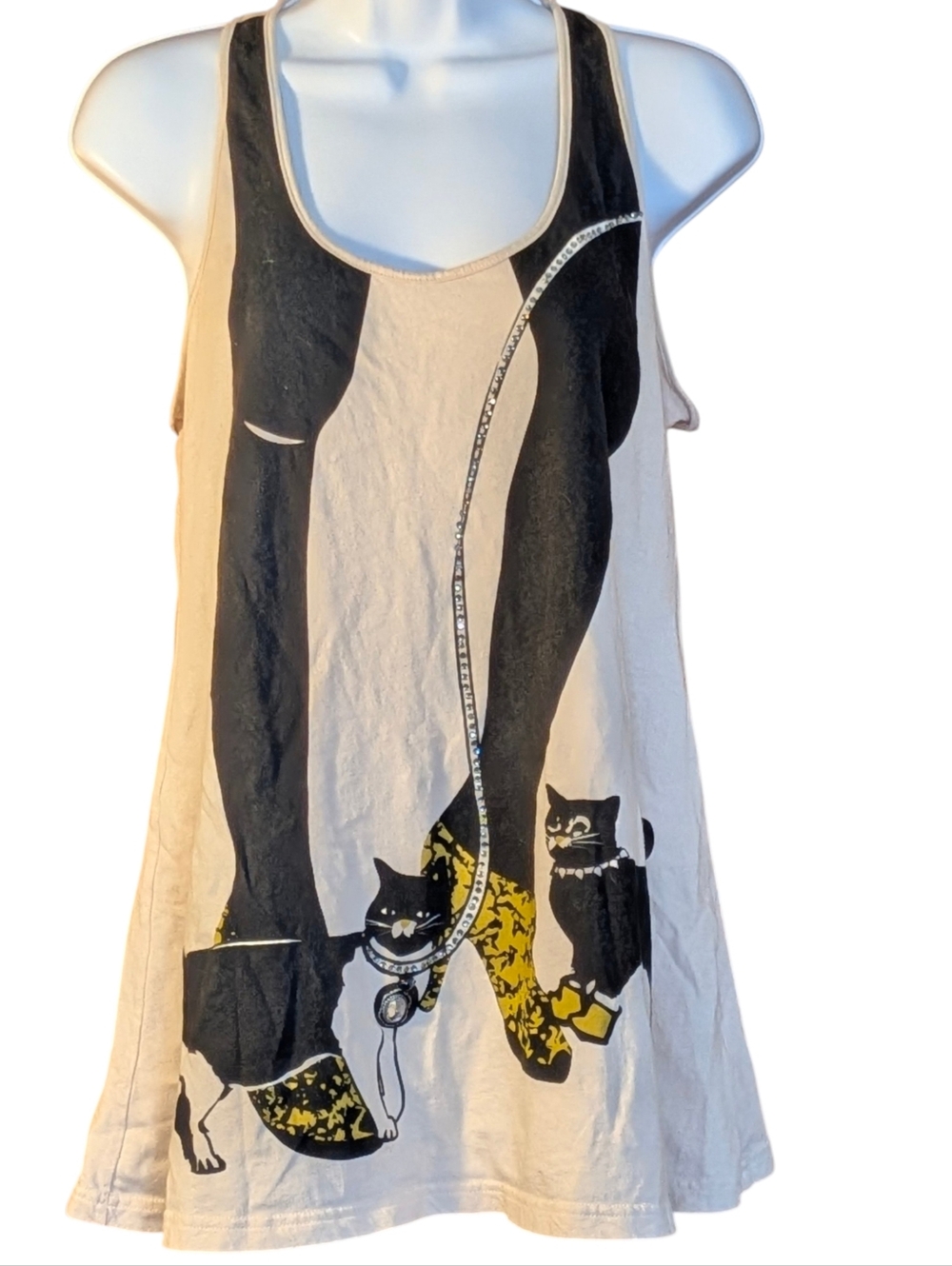 Graphic Cat Tank in Cream & Black Rhinestone Accents Fun Novelty Racerback M